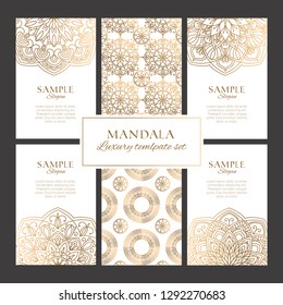 Premium templates with oriental ornaments, borders and patterns. Golden luxury round mandalas elements for identity, web and prints
