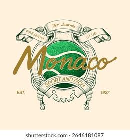 Crista de tênis premium inspirada em Mônaco. Apresenta uma bola texturizada verde, pergaminhos vintage, letras de script elegantes e detalhes de luxo para marcas esportivas, vestuário ou uso editorial