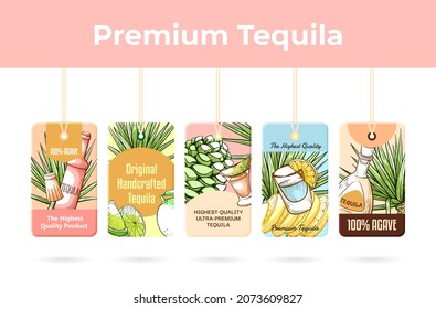 Premium tequila tag on ropes engraved set vector hand drawn illustration. Collection colored labels original handcrafted alcohol beverage isolated. Traditional Mexican drink promo advertising