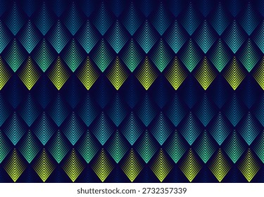 Premium textile print. Dark blue geometric pattern with vibrant neon scales. Sharp linear gradients in teal and lime green. Futuristic mesh design displays a rhythmic dark blue geometric pattern for digital backgrounds. 