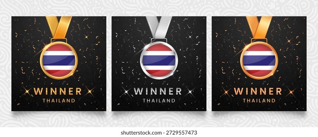 Conjunto ganador de Premium Tailandia con medallas de oro, plata y bronce con el diseño de la bandera nacional, que se muestra sobre un fondo oscuro con confeti festivo y destellos brillantes
