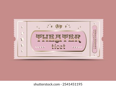 Premium theater ticket. Golden ticket template with stars and theater masks. Entrance ticket isolated on pink background. Vector illustration