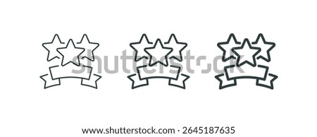 Premium three stars, high rank, excellence award outline icons. Line signs 3 five-pointed stars with ribbon. Vector isolated pictograms for web and app on white background editable stroke.