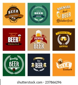 Premium, traditional, quality, best, natural beer and brewery banners and emblems in retro style with wooden kegs, big mugs, laurel wreaths and barley on vintage colors background