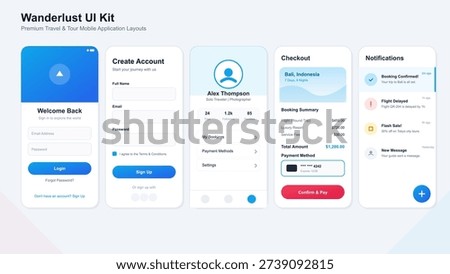 A premium travel and tour mobile application user interface kit featuring login, account creation, user profile, checkout, and notification screens with a clean blue and white design.