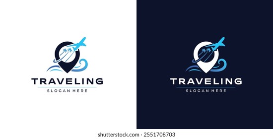 Premium Traveling or Travel logo design vector. Travel logo icon template. Aeroplane, Airplane, Flight, Aircraft, tour, vacation, beach, summer beach, travel location editable logo design. 