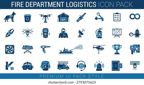 Premium ui pack style of fire department logistics vector icons in flat design. Collection covers fire trucks, drones, safety gear, emergency tools, and communication devices. Perfect for infographics, presentations, and applications related to fire safety and emergency response.