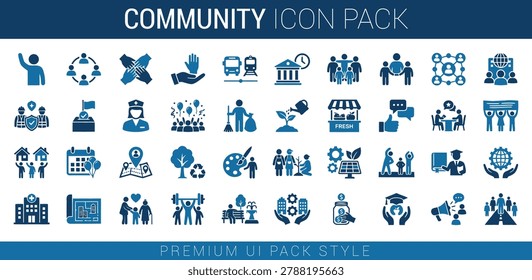 A premium UI pack style vector icon set highlighting community support, local governance, and neighborhood development. This extensive collection features detailed glyph icons representing themes such as public transportation, environmental sustainability, healthcare, local markets, public education, elderly care, and inclusive volunteering. Perfect for municipal websites, non-profit organizations, social services apps, and civic group presentations.