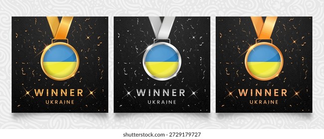 Premium conjunto vencedor da Ucrânia com medalhas de ouro, prata e bronze com o design da bandeira nacional azul e amarela, definido em um fundo escuro com confete festivo e destaques cintilantes