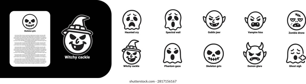 premium ultra bold line icon set for Halloween expression like Haunted cry Spectral wail Goblin jeer Vampire hiss Zombie drone Witchy cackle Phantom gaze Skeleton grin Demon glare Ghost sigh
