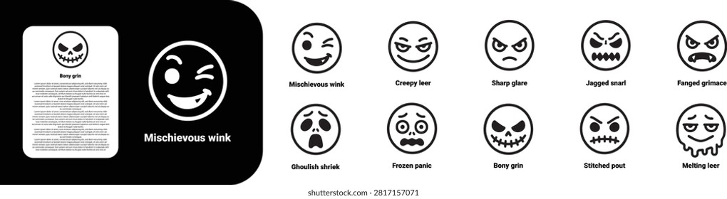 premium ultra bold line icon set for Halloween expression like Mischievous wink Creepy leer Sharp glare Jagged snarl Fanged grimace Ghoulish shriek Frozen panic Bony grin Stitched pout Melting leer