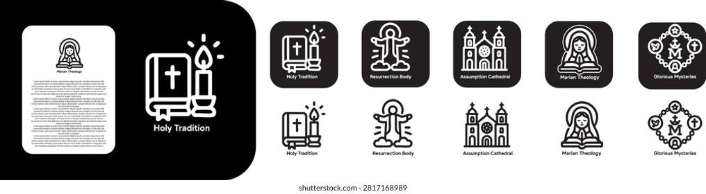 premium ultra bold line icon set for Assumption of Mary like Holy Tradition , Resurrection body , Assumption Cathedral , Marian theology , Glorious Mysteries