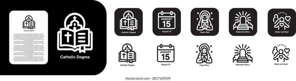 premium ultra bold line icon set for Assumption of Mary like Catholic dogma , August 15 , Virgin Mary , Heavenly glory , Body and soul