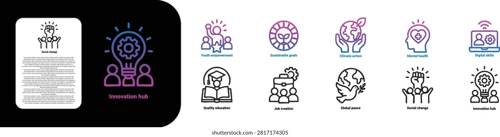 premium ultra bold line icon set for International Youth Day like Youth empowerment Sustainable goals Climate action Mental health Digital skills Quality education Job creation Global peace Social change Innovation hub