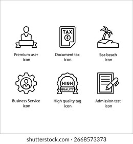 Premium usuário, Documento, Praia do mar, Serviço de negócios, Etiqueta de alta qualidade, Teste de admissão, ícone, Ícone de linha Definir