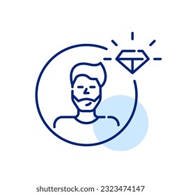 Premium user icon. Male avatar with beard and trendy haircut. Shining diamond badge. Pixel perfect, editable stroke