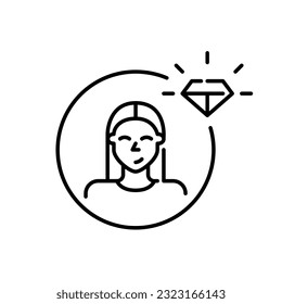 Icono de usuario premium. Mujer sonriente de pelo largo. Insignia de diamante brillante. Trazo de píxeles perfecto, editable