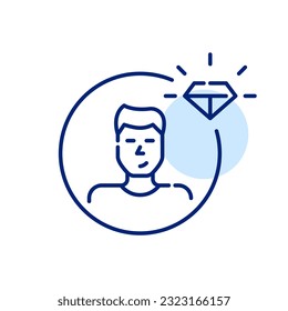 Premium user icon. Young man with short hair avatar. Shining diamond badge. Pixel perfect, editable stroke