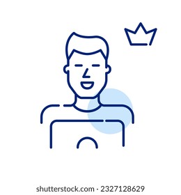 Premium user at laptop. Smiling young man with crown symbol. Pixel perfect icon