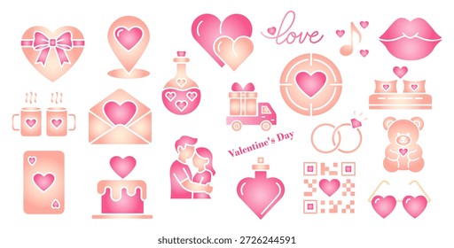 Premium Valentine's Day Gradient Icons. Romantic pink and peach set featuring hearts, wedding rings, couples, and gifts. Modern soft aesthetic for love and February 14 celebration. Flat vector.