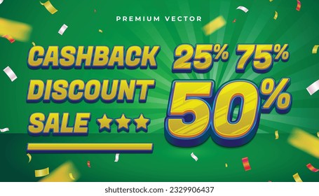 Premium Vector 3D cashback discount effect on green background. Sale mega 50% for promotion