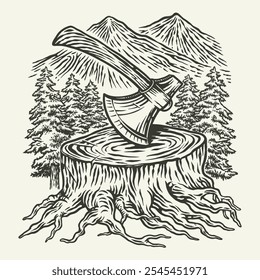 Premium vector I axe mountain survive drawing outline style vintage engraving