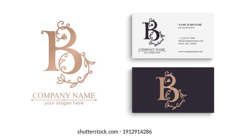 Premium Vector B logo. Monnogram, lettering. Delicate elegant floral pattern of roses, seamless pattern and business cards. Personal logo or sign for branding an elite company. Vector design.