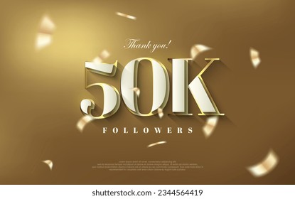 Premium vector background for achievement celebration design.Thank you 50k followers background, shiny luxury gold design.