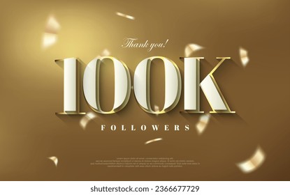 Premium vector background for achievement celebration design.Thank you 100k followers background, shiny luxury gold design.