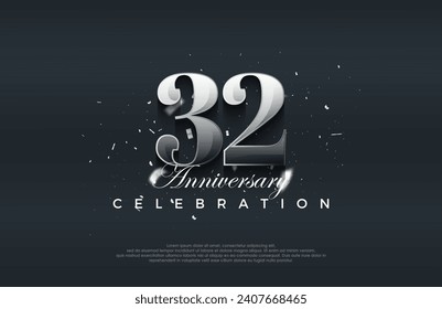 Fondo vectorial premium para saludos y celebraciones.Diseño vectorial de celebraciones de 32 años plateado brillante metálico.