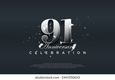 Fondo de vector premium para el saludo y la celebración. Diseño de vector de celebración de 91 aniversario brillante metálico plateado.