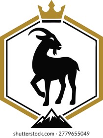 Premium vector badge featuring a bold black mountain goat silhouette with curved horns inside a gold and black hexagon frame, topped with a royal crown and mountain peaks at the base. Strong heraldic design symbolizing excellence, strength, elevation, and prestige. Perfect for craft breweries, outdoor apparel brands, climbing gyms, adventure tourism, sports teams, coffee roasters, premium food products, and “G.O.A.T.” greatest-of-all-time branding. The crown + mountain combo conveys king-of-the-mountain authority. Ideal for logos, labels, packaging, apparel, and brand seals.