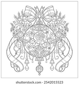 Premium vector. Beautiful bell souvenir with flower ornament. Learning and education coloring page illustration for adult and children. Vector outline style, black and white drawing. 