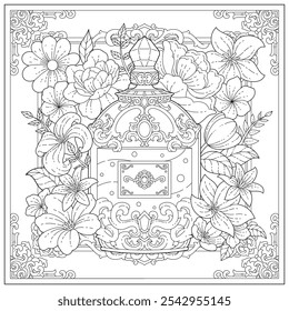 Premium vector. Beautiful bottle perfume with flower and leaf ornament. Learning and education coloring page illustration for adult and children. Vector outline style, black and white drawing