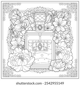 Premium vector. Beautiful bottle perfume with flower and leaf ornament. Learning and education coloring page illustration for adult and children. Vector outline style, black and white drawing