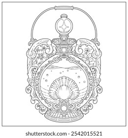 Vetor premium. Lindo souvenir garrafa com molusco e água dentro dele. Aprendizagem e educação ilustração da página de coloração para adultos e crianças. Estilo do contorno do vetor, desenho em preto e branco. 