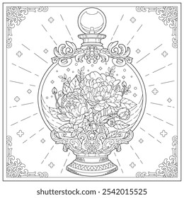 Premium vector. Beautiful bottle souvenir with flower and leaf inside it. Learning and education coloring page illustration for adult and children. Vector outline style, black and white drawing. 