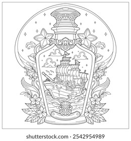 Premium vector. Beautiful bottle souvenir with ship and water inside it. Learning and education coloring page illustration for adult and children. Vector outline style, black and white drawing. 