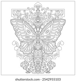 Vetor premium. Bela arte borboleta com ornamento esculpido e decoração. Aprendizagem e educação ilustração da página de coloração para adultos e crianças. Estilo do contorno do vetor, desenho em preto e branco. 