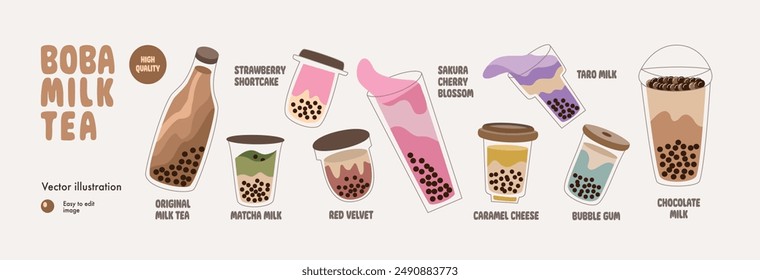 Premium Vector | Boba milk tea collection set. Bubble milk tea. Boba drink illustration. Menu design illustration.