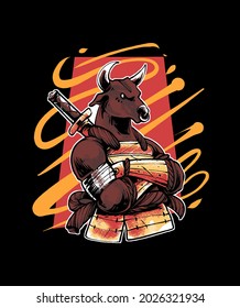 premium vector bull samurai illustration, in a modern cartoon style, perfect for t-shirts or print products 