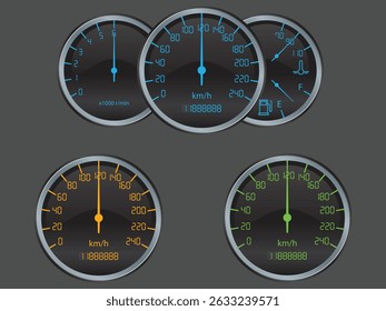 Premium vector car dashboard gauges set with neon speedometers, tachometers, fuel, temp indicators. Perfect for automotive UI, racing games, dashboards, infographics, and digital use.