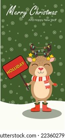 Premium vector | Christmas cards Cute deer character with christmas decorations and pine tree, snowman