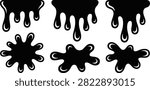A premium vector collection of bold black liquid drip, ink splash, paint splatter, and abstract fluid shapes featuring smooth organic curves and glossy highlights. The set includes dripping paint borders, irregular splash marks, melting goo, slime blobs, and decorative liquid elements arranged on a clean white background. These scalable vector graphics are ideal for branding, posters, stickers, gaming assets, Halloween artwork, streetwear, packaging, social media graphics, web design, print materials, and creative illustration projects requiring modern fluid effects.