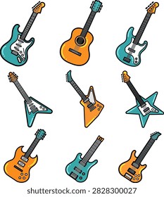 Premium vector collection of electric and acoustic guitars featuring various modern body shapes like strat, acoustic, v-shape, explorer, and star guitar isolated on white background.