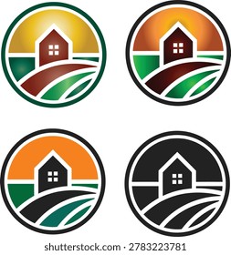 Premium vector collection featuring 4 circular farmhouse logos with house, rolling fields, and sunrise in gold green, orange brown, flat orange, and monochrome black colorways. Modern badge design represents agriculture, rural living, countryside, homestead, and real estate. Perfect for farms, agritourism, organic brands, country realtors, and rural properties. Symbolizes harvest, growth, land, sustainability, home, and agricultural heritage. Ideal for branding, packaging, farm signage, websites, and product labels. Circular badge with house and fields ensures instant recognition for farming and country living. Works for organic farms, vineyards, rural developments, farm-to-table brands, and agricultural services. Scales perfectly from product label to barn sign while maintaining rustic premium appeal.