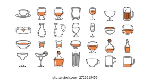 Premium Vector colección de vasos, botellas y tazas. Iconos minimalistas de arte de línea para menús de bebidas, catálogos de utensilios de cocina y diseños de bares.