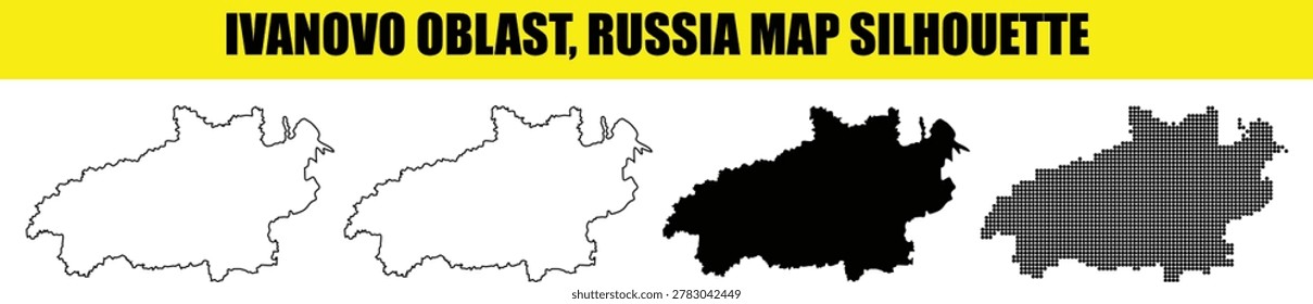Premium vector collection for Ivanovo oblast regional borders in Russia. Different visual representations including minimalist stroke and heavy black silhouettes for cartographic layout projects.