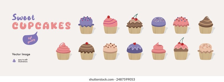 Premium Vector | Colorful cupcake collection set. Cupcakes illustration.