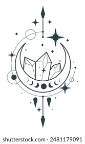 Premium Vector | Crystal drawing cute astrology crystals with ctars and moon mystical tshirt print magic celestial element